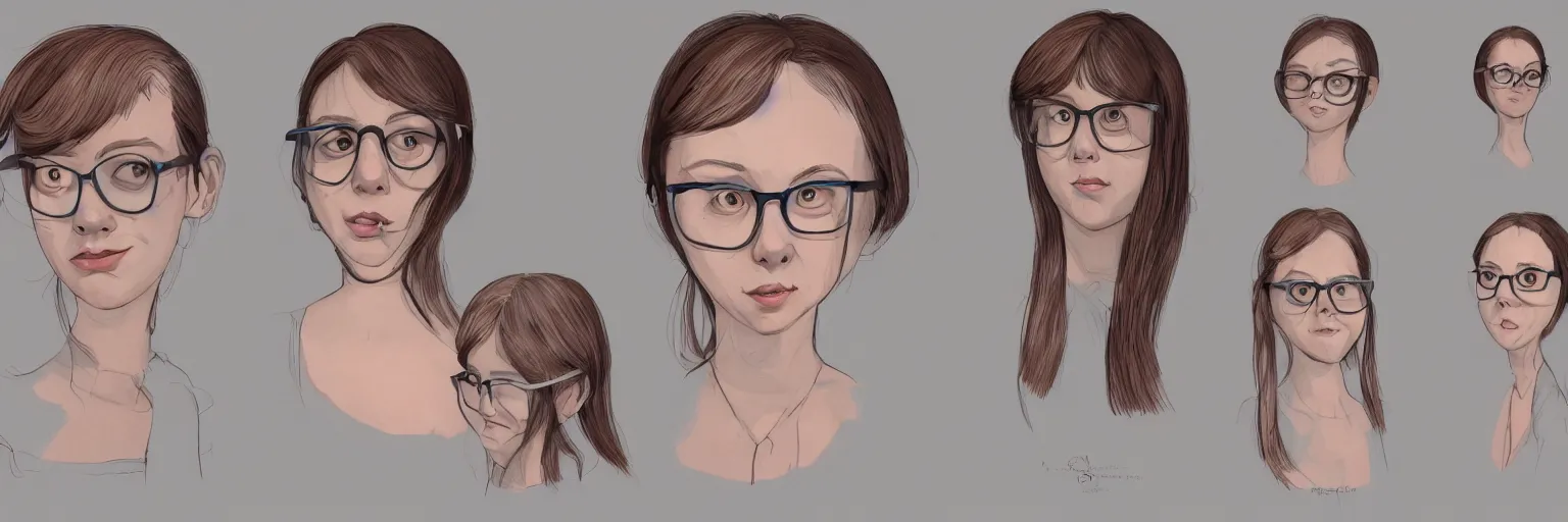 Prompt: colored female character study of cute young plus size todd solondz, clear, evil, glasses, character sheet, fine details, concept design, contrast, kim jung gi, da vinci and pixar, trending on artstation, 8 k, full body and head, turnaround, front view, back view, ultra wide angle