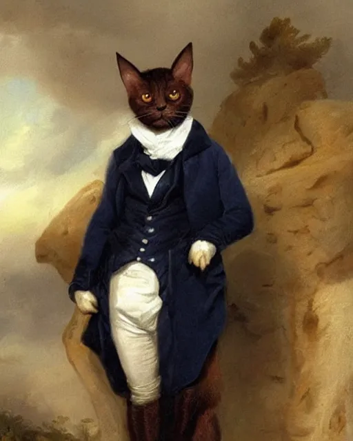 Image similar to cute brown cat with serious expression wearing regency era menswear in navy and white, thomas lawrence, greg rutkowski
