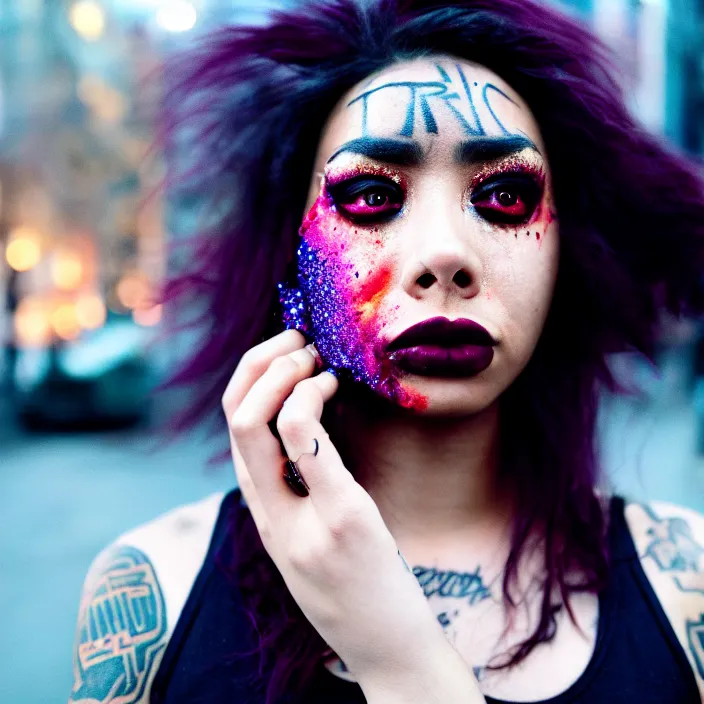 Prompt: Cinestill 50d candid photography of a city on fire, a techwear mixed woman wearing thick mascara and dark glitter makeup crying outside of a city on fire, tattoos, tilted frame, 4k, 8k, hd, full color, long shot, wide shot, full shot, blurry