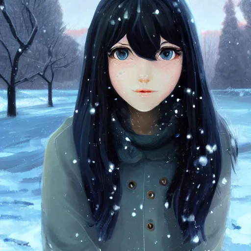 Image similar to portrait of teen girl with long black hair and bangs, detailed facial features, beautiful face, snowy winter village in the background, digital painting, artstation, highly detailed, by makoto shinkai and thomas kindle and James gilleard