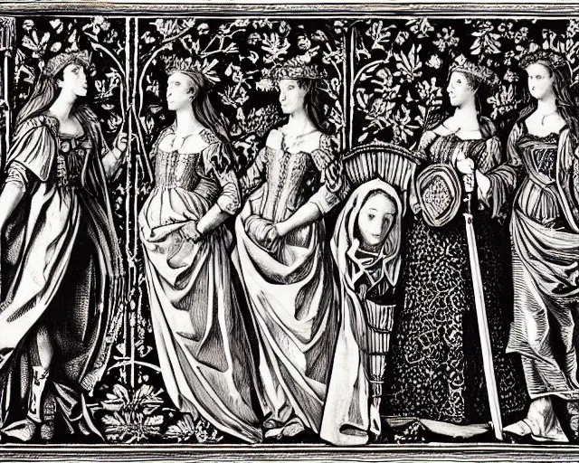 Image similar to lancelot and the four queens by william morris, monochrome,