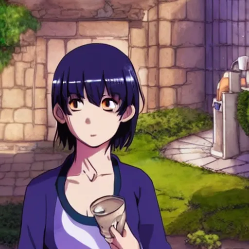 Prompt: jirou kyoka, pouring water from vase into stone fountain. spanish ghibli alleyway. symmetrical face. symmetrical detailed defined eyes. isekai background style.