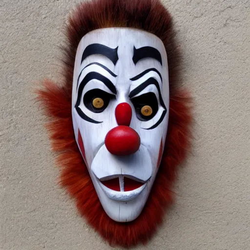 Image similar to wooden clown mask with long fang like incisors