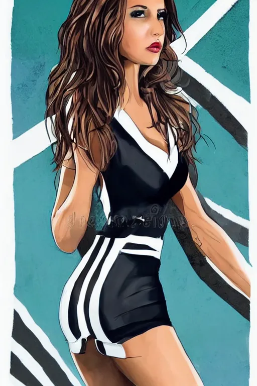 Image similar to full length portrait of very very very very very beautiful brunette female with amazing figure wearing tight night ’ s club dress and in white simple sneakers doing model posing, sharp focus, illustration, art by maxim fashion magazine.