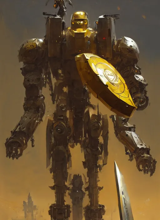 Image similar to human-sized strong intricate yellow pit droid carrying beautiful paladin greatsword and beautiful large paladin shield, pancake short large head, exposed metal bones, painterly humanoid mecha, by Greg Rutkowski