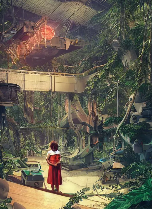 Image similar to gorgeous soviet girl scientist making research at futuristic soviet scientific lab in amazonian jungle tree tops communist agitprop by ross tran, thierry doizon, craig mullins, ilya kuvshinov, artgerm, edward hopper, dan mumford, wlop, rutkovsky, carl spitzweg, moebius, unreal engine 5, lumen, nanite