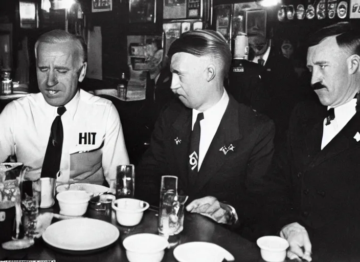 Image similar to Joe Biden and Adolf Hitler, having dinner at a Dive bar restaurant, award winning cinematic photography, 50 mm, blurred background, trending on twitter