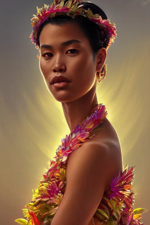 Image similar to body portrait of hawaiian queen wearing a lea, by terry o'neill intricate, elegant, highly detailed, digital painting, glistening skin, artstation, concept art, smooth, sharp focus, contrasting lighting, bright colors, dark background, illustration, art by artgerm and greg rutkowski and alphonse mucha, 8 k