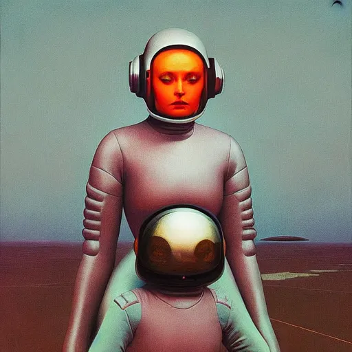 Prompt: portrait An astronaut girl wearing helmet with black latex suit, Edward Hopper and James Gilleard, Zdzislaw Beksinski, Mark Ryden, Wolfgang Lettl highly detailed