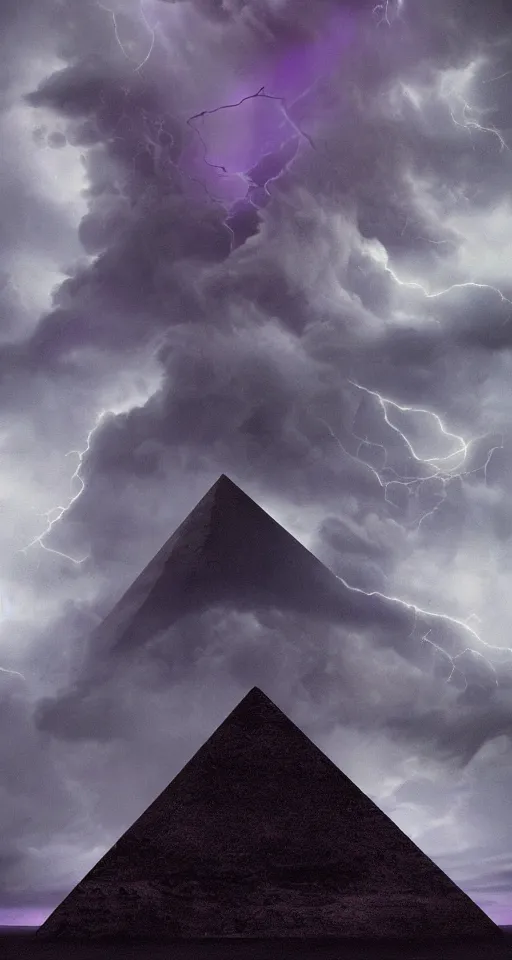 Prompt: black lovecraftian eldritch!! obsidian pyramid!! on a snowy island surrounded by raging stormy seas, purple light, with a large shadow of a creature in the background by eugene von guerard, ivan shishkin, night, red lightning!!, storm!, dramatic lighting, concept art, trending on artstation, 8 k