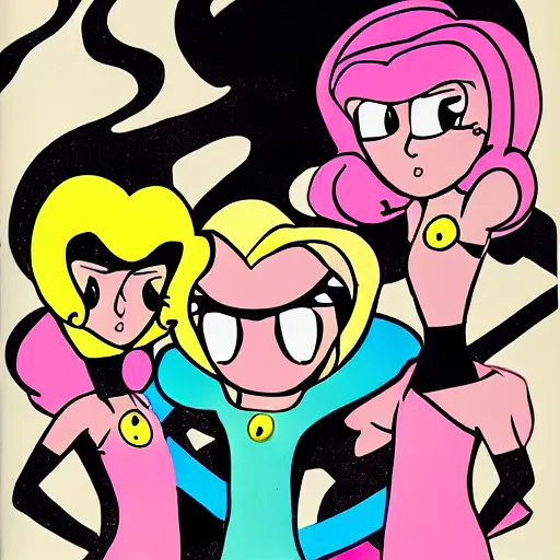 Image similar to power puff girls, by jack kirby