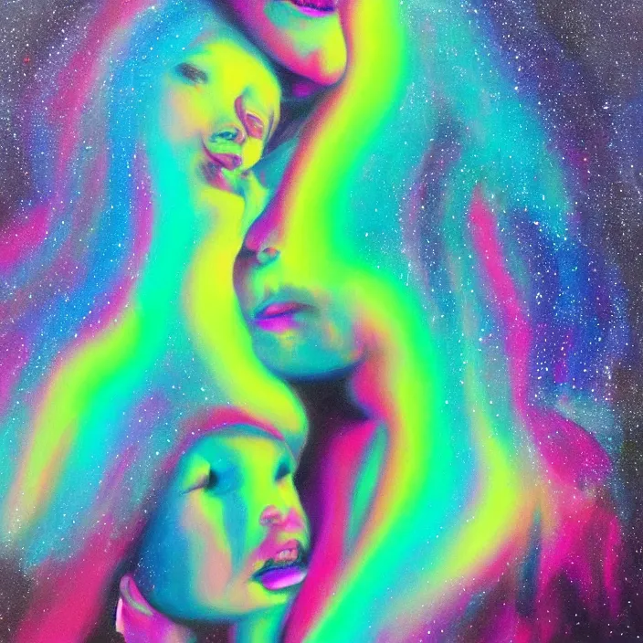 Image similar to close portrait of woman and man kissing. aurora borealis. iridescent, vivid psychedelic colors. painting by leon spillaert