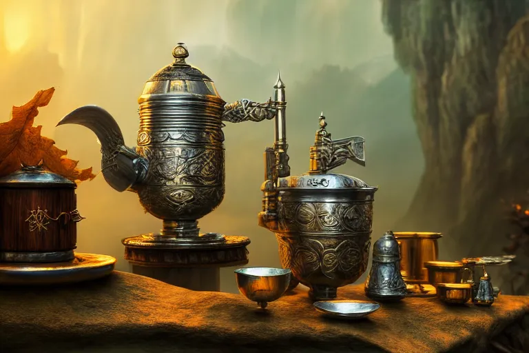 Image similar to a very detailed concept art lord of the rings samovar, trending on artstation, digital art, 4 k, hyper realistic, octane render, sharp focus