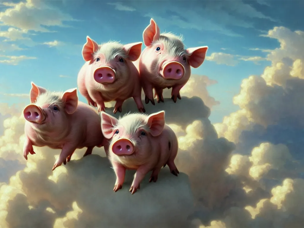 Prompt: cute pigs in the clouds, cute and cuddly, highly detailed, photorealistic, octane render, 8 k, unreal engine. art by artgerm and greg rutkowski and alphonse mucha