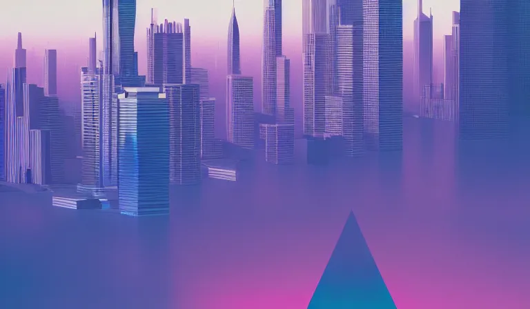 Image similar to a beautiful, sharp focus, and immaculate overcast futuristic cityscape. view from above. vaporwave ombre rendering. outrun style. trending on artstation. recommended for you behance. by chris moore. by edward hopper. beeple colors. ambient occlusion. digital matte painting. metropolis filmic. gotham city.