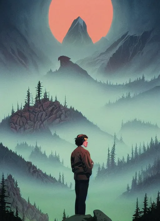 Prompt: Twin Peaks poster artwork by Michael Whelan and Tomer Hanuka, damn fine coffee, owl by Makoto Shinkai and thomas kinkade, Matte painting, trending on artstation and unreal engine