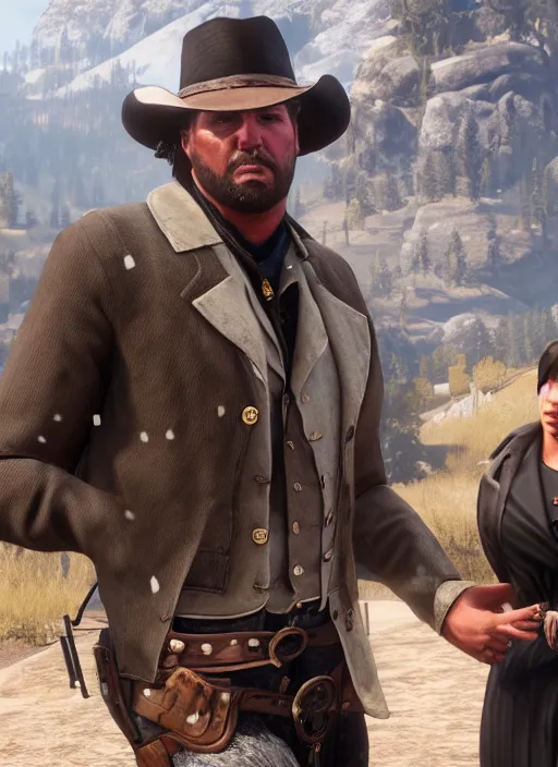 Image similar to film still of kim kardashian as Arthur Morgan in rdr2.