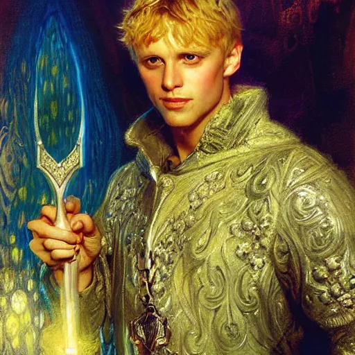 Image similar to handsome arthur pendragon in love with handsome merlin the mage. merlin is also in love with arthur. highly detailed painting by gaston bussiere, craig mullins, j. c. leyendecker