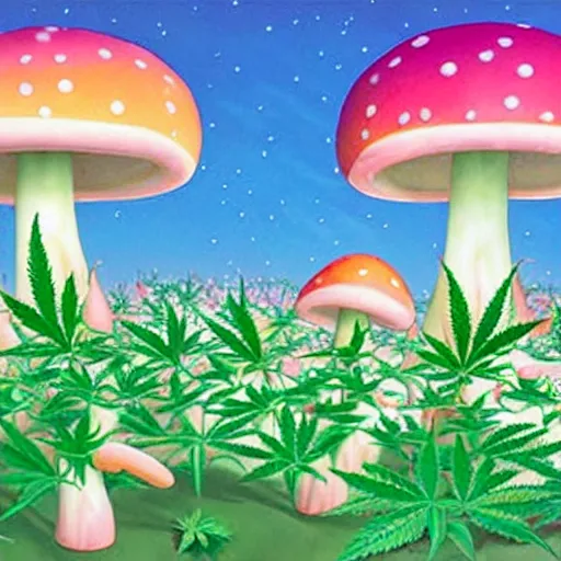 Image similar to cannabis magic mushrooms people advocating for their own freedom to grow pot plants in their backyards, colorful whimsical fantasy, by chiho aoshima