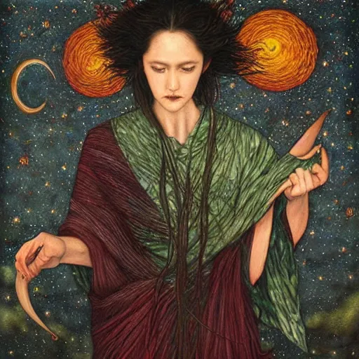 Prompt: by chie yoshii threatening. a beautiful land art of a woman with long flowing hair, wild animals, & a dark, starry night sky.