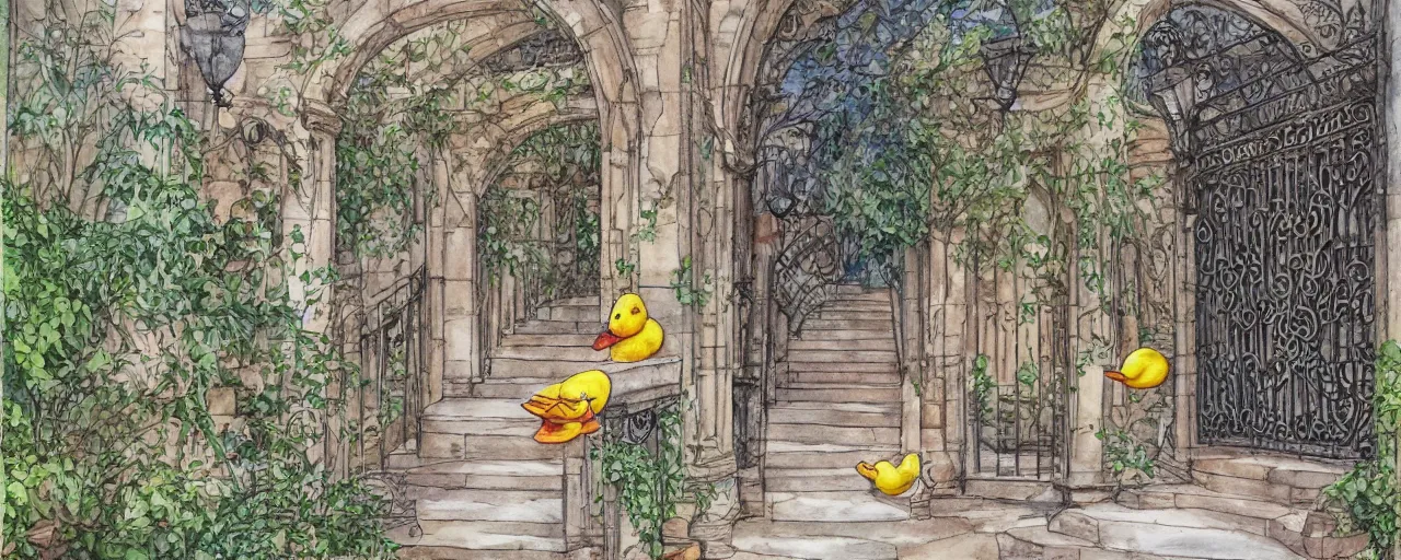 Prompt: courtyard walkway, rubber duck at center, castle, stairway, chairs, wrought iron, gate, botanic garden, botanical herbarium paper, watercolor colored painting, iridescent colors, realistic shaded, fine, artstation, italian style, colonnade ornate headdress, craving, carved, insanely detailed