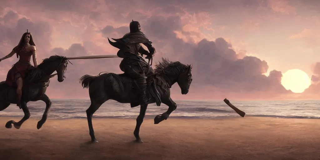 Prompt: a knight riding a horse running on a beach at sunset by greg rutkowski, hyperrealistic, concept art, octane render, unreal engine 5, trending on artstation, high quality, highly detailed, 8 k, dramatic lighting, path traced, anatomically correct, digital art, epic image, cinematic, high coherence, godrays, complementary colors, natural lighting