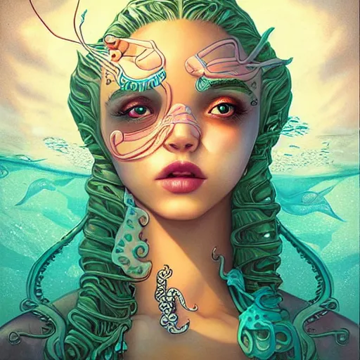 Prompt: lofi underwater mermaid portrait with an octopus, Pixar style, by Tristan Eaton Stanley Artgerm and Tom Bagshaw.