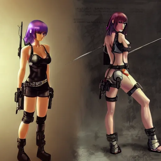Image similar to concept art illustration of young japanese christina hendricks natalie portman as lara croft motoko kusanagi anime protagonist, wearing tokyo harajuku street fashion combat warrior fantasy bikini, intricate, elegant, art by kim hyng tae, style of blade and soul, and rosstran, masamune shirow