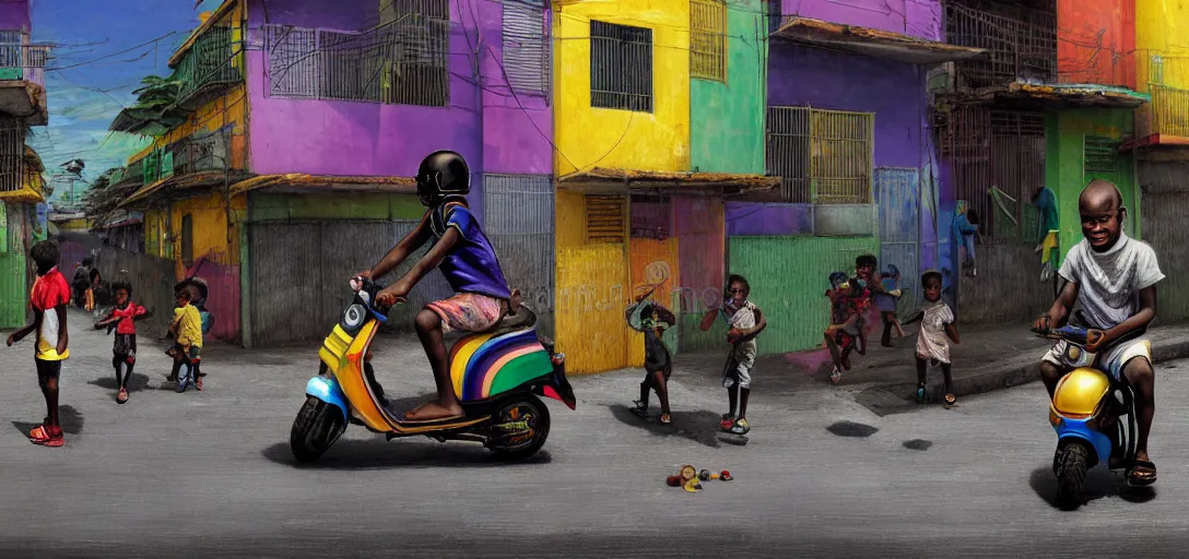 Image similar to a young favela black boys, riding on the moped scooter, on the street of rio de janeiro favela, digital illustration by ruan jia on artstation, colorful, rainbow, sunlight, soft lighting, insanely detailed and intricate, hypermaximalist, elegant, ornate, hyper realistic, super detailed, by akihito yoshida, by bob byerley