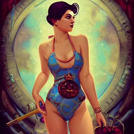 Image similar to lofi underwater bioshock steampunk portrait, Pixar style, wearing swimsuit, by Tristan Eaton Stanley Artgerm and Tom Bagshaw.