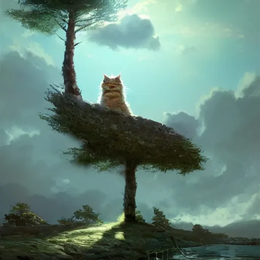 Prompt: concept art, siberian cat shining its light by gingko trees, 8 k, by greg rutkowski, and john howe, background of the sky at dusk by james gurney, artstation