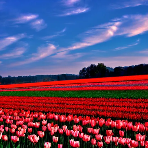 Image similar to A 4k photo of a field of tulips, blue skies, high contrast, early morning