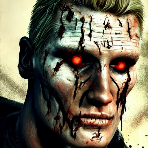 Prompt: dolph lundgren as a flesh eating zombie with cuts on face, 7 days to die zombie, fine art, award winning, intricate, elegant, sharp focus, cinematic lighting, highly detailed, digital painting, 8 k concept art, art by guweiz and z. w. gu, masterpiece, trending on artstation, 8 k