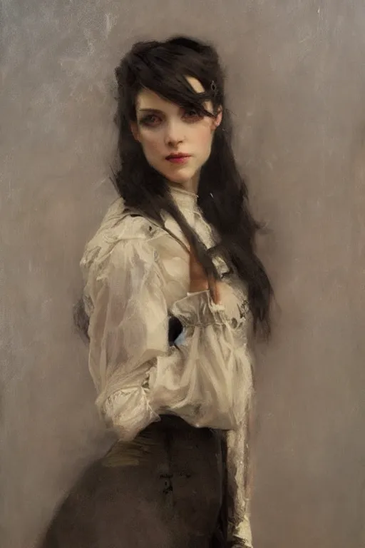 Image similar to Richard Schmid and Jeremy Lipking full length portrait painting of a young beautiful victorian steampunk vampire detective woman