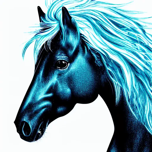 Prompt: digital art horse, retrowave palette, highly detailed, anatomically correct equine, synth feel, smooth face, ear floof, flowing mane, no reins, super realism, accurate animal imagery, 4 k