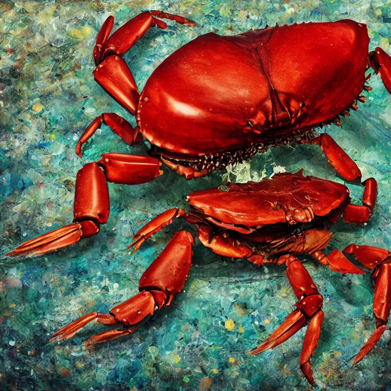 Prompt: Hyperrealistic intensely colored Studio wet collodion Photograph portrait of a deep sea Giant Armored Crab with 10 long spindly legs deep underwater in darkness long exposure, award-winning nature deep sea expressionistic impasto heavy brushstrokes oil painting by Jenny Saville and Norman Rockwell and Audubon vivid colors hyperrealism 8k