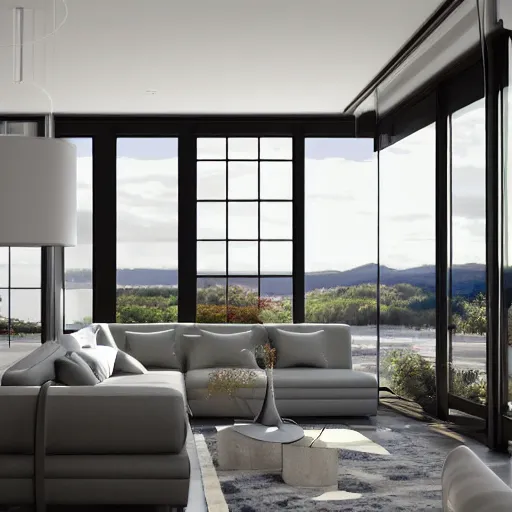 Prompt: an architecture visualisation of a modern living room, wide windows, stunning view, night, picture on the wall