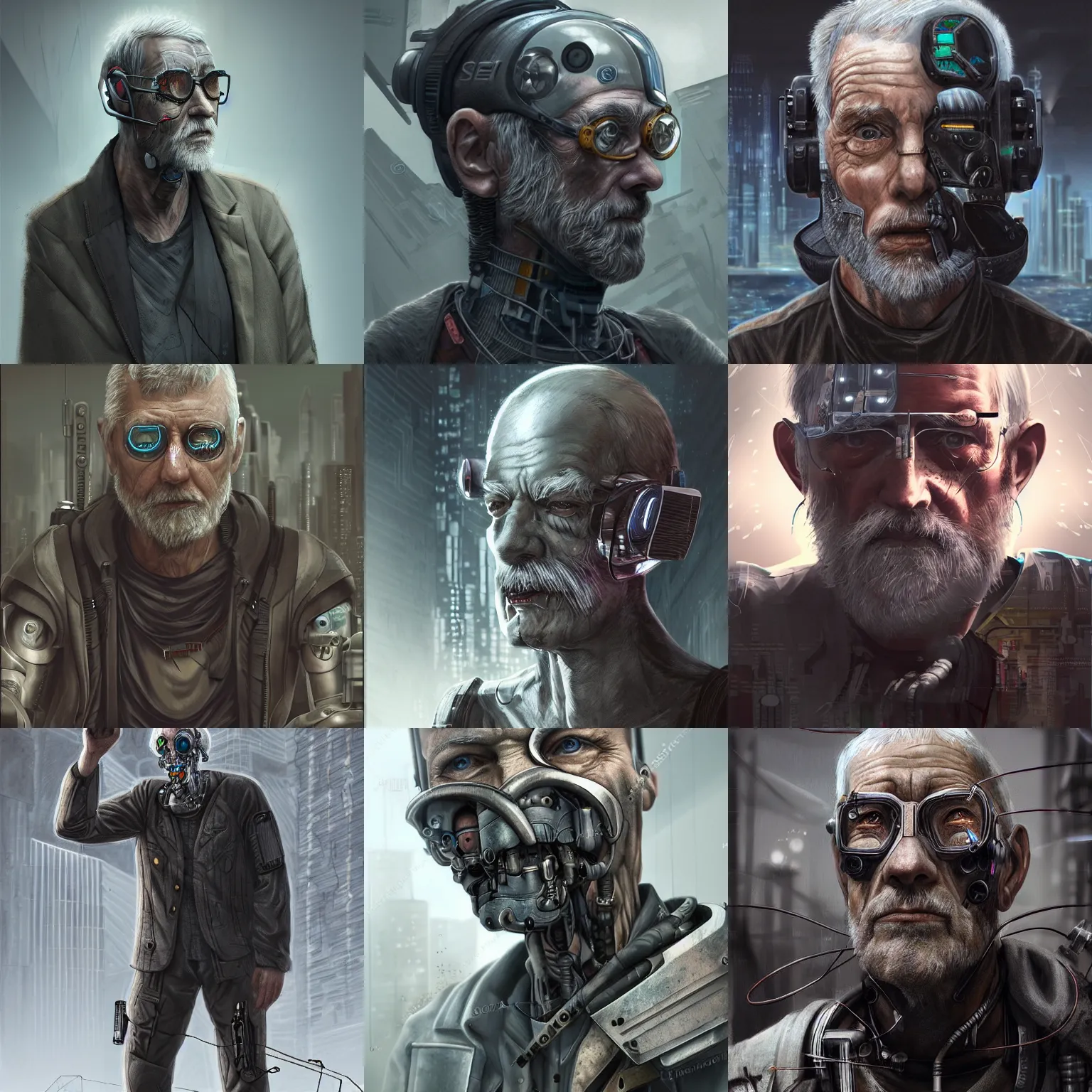 Prompt: Ultra realistic illustration of an old man cyborg, cyberpunk, sci-fi fantasy, dystopian