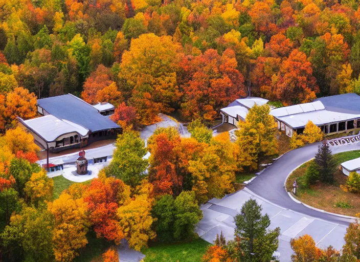 Image similar to low drone shot of a beautiful ranch style School campus in the middle of the Woods during autumn