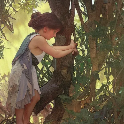 Prompt: a small child mischievously peeking out from behind a tree. painting by artgerm and greg rutkowski and alphonse mucha