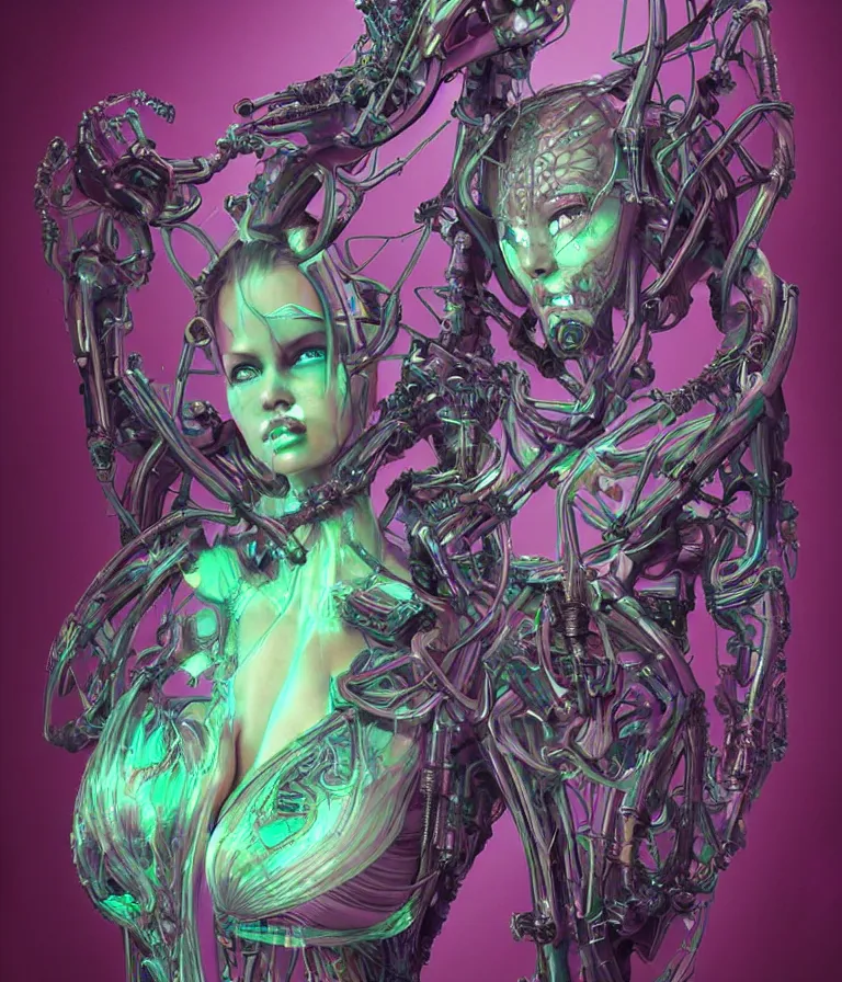 Image similar to fully symmetrical centered iridescent portrait of a beautiful princess demon in robe. skulls artificial muscles, ribcage, bones, hard surface modelling. cyberpunk look. biomechanical mask. bio luminescent biomechanical halo around head. neon jellyfish. artwork by jarold Sng by artgerm, by Eddie Mendoza, by Peter mohrbacher by tooth wu, unreal engine, octane render, cinematic light, high details, iridescent colors, dichroic, macro, depth of field, blur