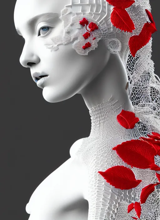 Image similar to complex 3d render ultra detailed of a beautiful porcelain profile young woman face, biomechanical cyborg, 200 mm lens, beautiful studio soft light, rim light, silver white gold red details, magnolia big leaves achromatic and stems, roots, fine foliage lace, mesh wire, Alexander Mcqueen high fashion haute couture, art nouveau fashion embroidered, intricate details, hyper realistic, ultra detailed, mandelbrot fractal, anatomical, facial muscles, cable wires, microchip, elegant, octane render, H.R. Giger style, 8k post-production, trending on Artstation