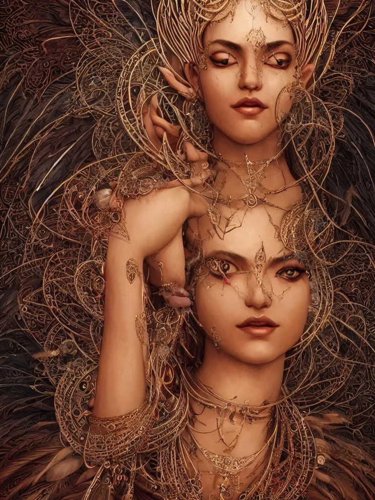 Image similar to a centered render of a single alluring mystical tribal goddess adorned with feathers and gemstones and cables and synthesizer parts is surrounded by sacred geometry made from elven architecture, full body, gorgeous face, perfect face, powerful, cinematic, beautifully lit, by artgerm, by karol bak, 3 d, trending on artstation, octane render, 8 k