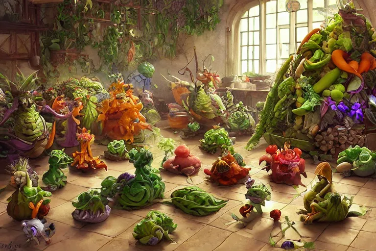 Image similar to miniature vegetable creatures parade. the floor is a cutting board. kitchen environment. digital art, realistic, pixar style, highly detailed, cinematic, matte painting, vivid colors, realistic, epic, low angle, lighting, by greg rutkowski and artgerm and alphonse mucha