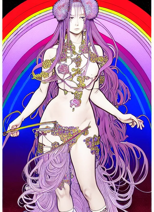 Image similar to highly detailed terada katsuya minaba hideo legend of the cryptids atrstation manga poster of princess mechine, rainbow gradient reflection, long hair, armor, dress, laces, ruffles, 8 k, maximalist, alphonse mucha