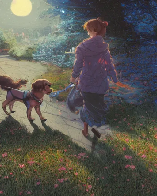 Image similar to a girl walking her small dog at the park, full shot, ambient lighting, detailed face, art by ayami kojima, makoto shinkai, kilian eng