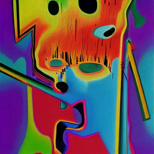 Image similar to looming colorful refracting land fractal covey mayo guava clover , by Stanisław Szukalski and Jean-Michel Basquiat and Georgia O'Keeffe , trending on deviantart , child's drawing , synthwave