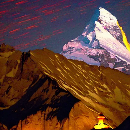 Image similar to a photo at nighttime of llumination of the matterhorn in the colors of indian flag, projected illuminated on the matterhorn mountain at night