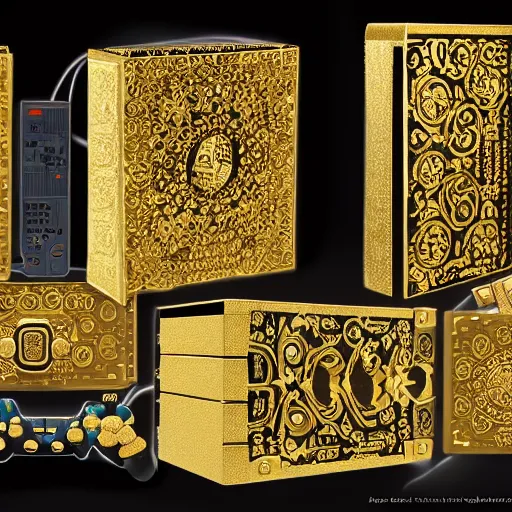 Prompt: the sega saturn bible ornamental intricate gilded with controllers