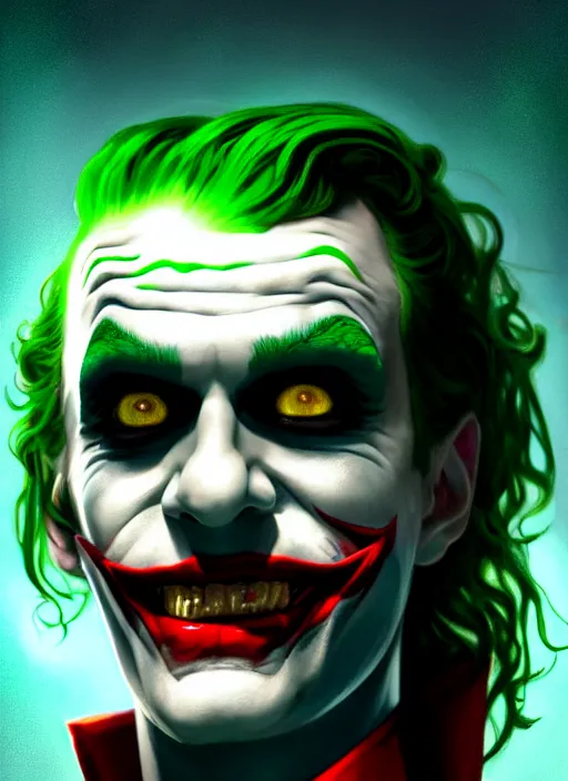 Image similar to portrait of neil cicierega as the joker, green hair, intricate, elegant, glowing lights, highly detailed, digital painting, artstation, concept art, sharp focus, illustration, art by wlop, mars ravelo and greg rutkowski